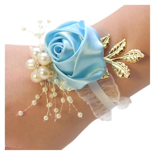 Brautjungfern Handgelenk Blumen 4PCS Brautjungfer Faux Rose Armband Hochzeit Handgelenk Polyester Band Perle Schleife Braut Geschenke Hand Blumen Party Zubehör für Hochzeit Party Prom Dekorationen(Sky von ZGXNYI