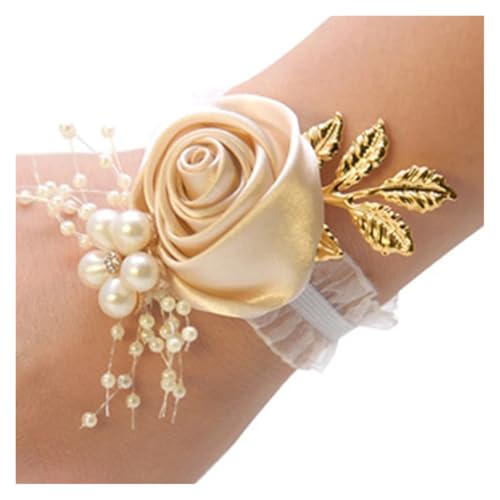 Brautjungfern Handgelenk Blumen 4PCS Brautjungfer Faux Rose Armband Hochzeit Handgelenk Polyester Band Perle Schleife Braut Geschenke Hand Blumen Party Zubehör für Hochzeit Party Prom Dekorationen(Cha von ZGXNYI