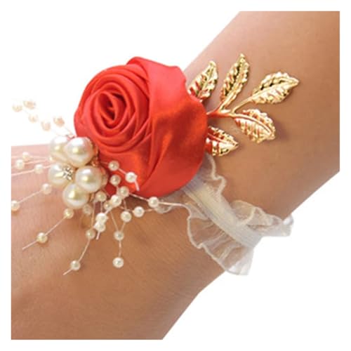 Brautjungfern Handgelenk Blumen 4PCS Brautjungfer Faux Rose Armband Hochzeit Handgelenk Polyester Band Perle Schleife Braut Geschenke Hand Blumen Party Zubehör für Hochzeit Party Prom Dekorationen(Red von ZGXNYI