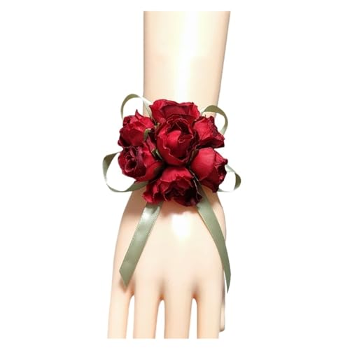 Brautjungfern Handgelenk Blumen 4PCS Corsage Hochzeitsarmband Brautjungfern Blumen auf der Hand Künstliche Seidenrosen Rote Handgelenkcorsage Brautaccessoire Boutonniere für Hochzeit Party Prom Dekora von ZGXNYI