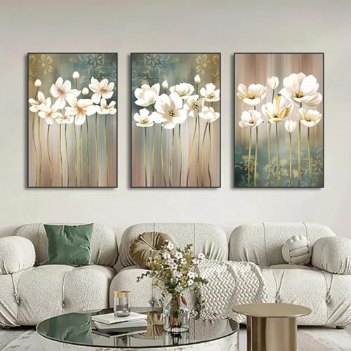 3-teiliges Set mit modernen abstrakten weißen Blumen auf Leinwand, Wandkunst, einfache Poster und Drucke, Bilder für die Inneneinrichtung, Büro, Kunstwerke, 50 x 70 cm (20 x 28 Zoll) x3, rahmenlos von ZHAOLIN