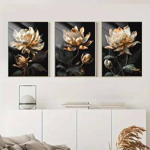 3-teiliges modernes Leinwandgemälde mit schwarzen und goldenen Blumen, Poster, Kunstwerk, Wandkunst, Bilder für Wohnzimmer, Schlafzimmer, Heimdekoration, 20 x 30 cm (8 x 12 Zoll) x3, rahmenlos von ZHAOLIN