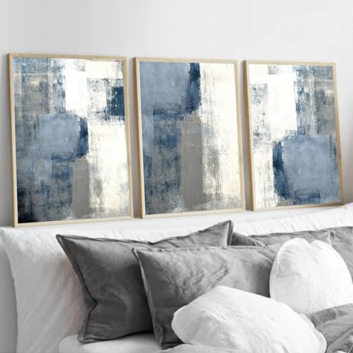 Blau Marine Grau Abstrakte Pinselstrich Kunst Poster Drucke Leinwand Malerei Nordisches Modernes Wandbild für Wohnzimmer Dekor 50x70cm (20x28in) x3 Rahmenlos von ZHAOLIN