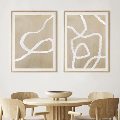 ZHAOLIN 2 STK. Abstrakte weiße Linie Boho Beige Poster Wandkunst Leinwand Malerei Drucke Bilder Moderne Wohnzimmer Inneneinrichtung 50x70cm (20x28in) x2 Rahmenlos von ZHAOLIN