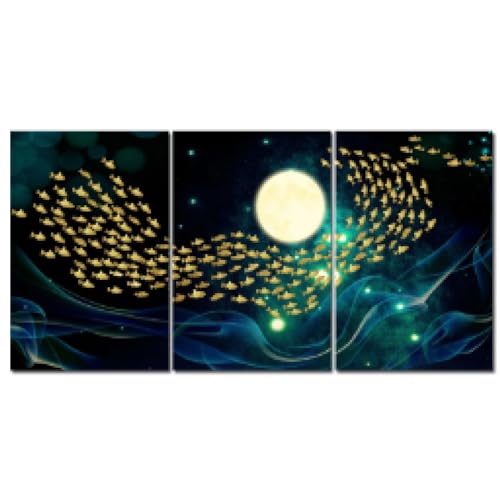 ZHAOLIN 3 moderne goldene fliegende Fische Mond Poster und Drucke Wandkunst Malerei abstrakte Landschaft Bild für Wohnzimmer Dekor 20x30cm (8x12in) x3 rahmenlos von ZHAOLIN