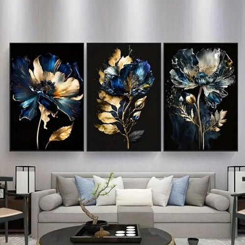 ZHAOLIN 3-teiliges Leinwandposter, Schwarz, Blau und Gold, Blumen, abstraktes Ölgemälde für Wohnzimmer, Küche, Wandkunst, Heimwanddekoration, 80 x 110 cm (31 x 43 Zoll), 3 Stück, rahmenlos von ZHAOLIN