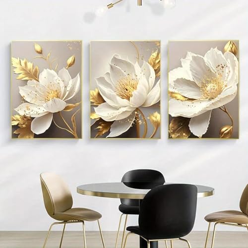 ZHAOLIN 3-teiliges Leinwandposter, goldene Pflanze, weiße Blume, Gemälde für Wohnzimmer, Küche, Wandkunst, moderne Luxus-Wohnkultur, Bilder, 20 x 30 cm (8 x 12 Zoll), 3 Stück, rahmenlos von ZHAOLIN