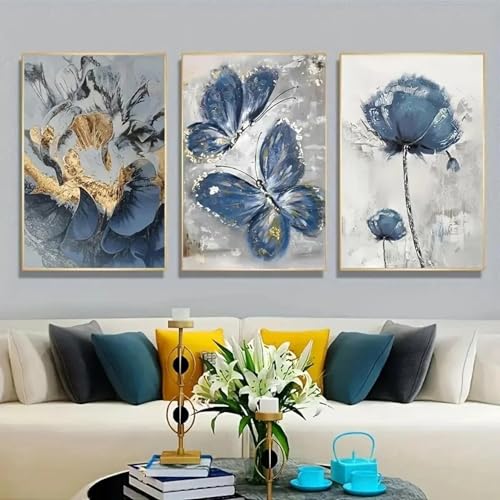 ZHAOLIN 3-teiliges Luxus-Wandbild mit blauem Blumen- und Schmetterlingsdruck, Leinwandbild, Poster für Wohnzimmer, Schlafzimmer, Büro, Wanddekoration, 50 x 70 cm (20 x 28 Zoll), 3 Stück, rahmenlos von ZHAOLIN