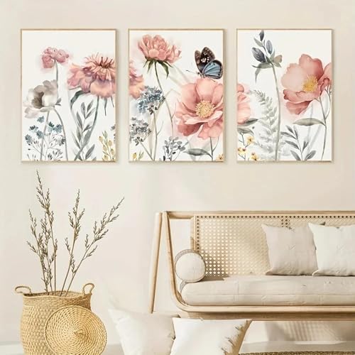 ZHAOLIN 3-teiliges Wandbild mit nordischer rosa Blume, Leinwandgemälde, Drucke, botanisches Poster für Schlafzimmer, Bauernhaus, Wohnzimmer, Dekoration, Bild, 50 x 70 cm (20 x 28 Zoll) x3, rahmenlos von ZHAOLIN