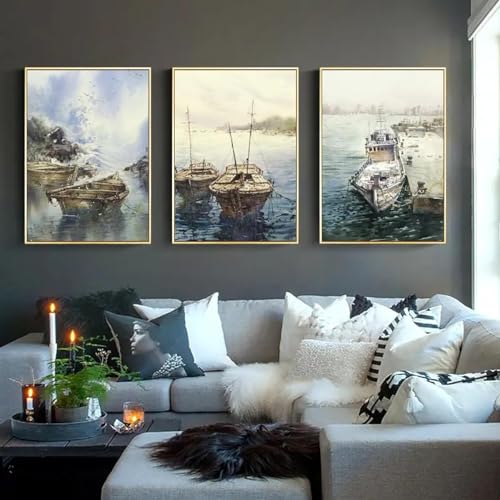 ZHAOLIN Aquarell abstrakte Boote Ölgemälde auf Leinwand Poster und Drucke Wandkunst Hafen Seelandschaft Bilder für Zimmer Cuadros Dekor 50x70cm (20x28in) x3 rahmenlos von ZHAOLIN