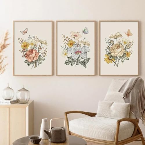 ZHAOLIN Boho Hibiskus Blume Schmetterling Poster Beige Hintergrund Wandkunst Leinwand Gemälde Druck Bild Mädchen Kinderzimmer Innendekoration 20x30cm (8x12in) x3 Rahmenlos von ZHAOLIN