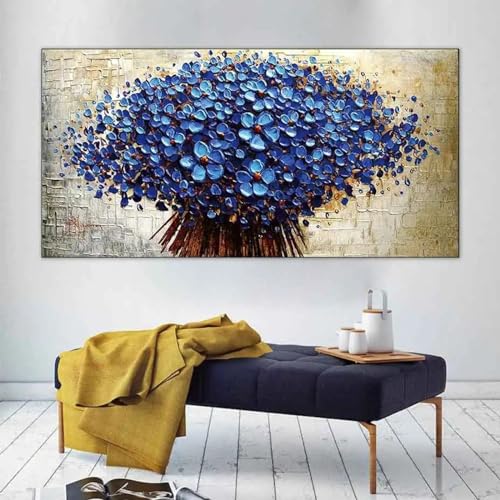 ZHAOLIN Dunkelblaues Blumenbaum-Ölgemälde auf Leinwand, Poster und Drucke, abstraktes Blumen-Wandkunstbild für Wohnzimmerdekor, 50 x 100 cm, rahmenlos von ZHAOLIN