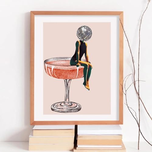 ZHAOLIN Retro Trendy Bar Funky Disco Ball 70er Jahre Poster Pink Wine Wandkunst Druck Abstraktes Bild Leinwandgemälde Mädchenhafte Wohnheim Zimmerdekoration 30 x 50 cm Rahmenlos von ZHAOLIN