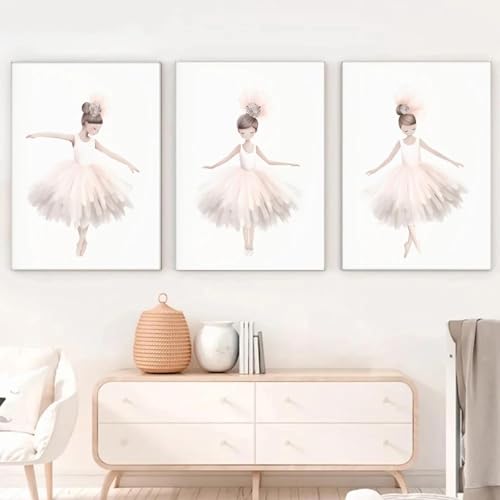 ZHAOLIN Rosa Ballerina Kleinkind Ballett Mädchen Tanz Cartoon Poster Wandkunst Bilder Leinwand Malerei Kinderzimmer Baby Schlafzimmer Wohnkultur 50x70cm (20x28in) x3 Rahmenlos von ZHAOLIN