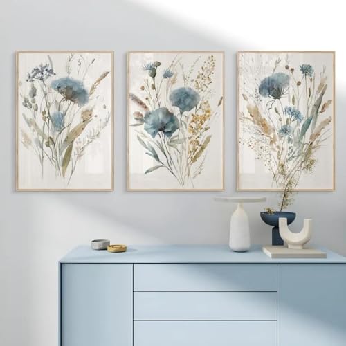 ZHAOLIN Vintage Blau Beige Wildblumen Minimal Botanical Farmhouse Art Poster Leinwand Malerei Wanddruck Bild Wohnzimmer Dekor 20x30cm (8x12in) x3 Rahmenlos von ZHAOLIN