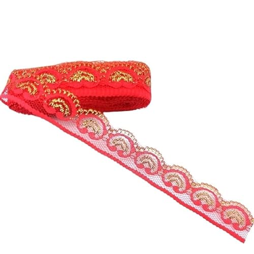 ZHAOYUQI Spitzenband 10 Yards Glitzer-Spitzenband, Bestickt, Netzbesatz for Hochzeitskleid, Alles for Handarbeit, Dekoration, Nähzubehör, Breite 2,6 cm Spitzenborte(Red Gold Lace) von ZHAOYUQI