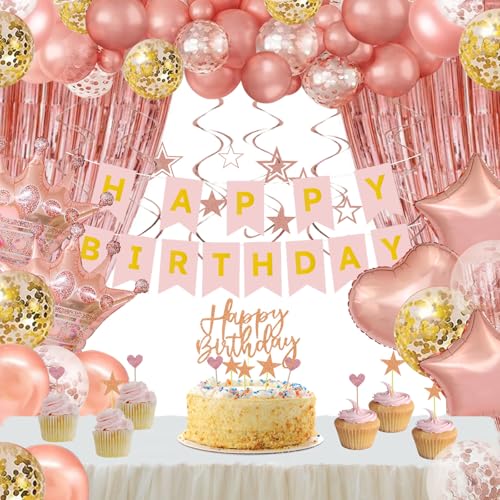 ZHENGYE 74 Stück Rose Gold Geburtstag Party Dekorationen Set Happy Birthday Banner Stern Herz Folie Konfetti Rose Gold Luftballons Fransen Vorhang Hängende Wirbel für Frauen Geburtstag Party von ZHENGYE