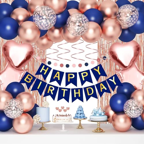 ZHENGYE Marineblau Rose Gold Geburtstag Party Dekorationen Set Happy Birthday Banner Fransen Vorhänge Kreis Punkt Girlande Hängende Wirbel Rose Gold Ballon Konfetti Ballon Geburtstag Party Dekoration von ZHENGYE