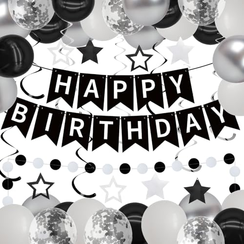 ZHENGYE Schwarz Geburtstag Party Dekorationen Set Happy Birthday Banner Hängende Wirbel Kreis Punkt Girlande Konfetti Latex Ballon Geburtstag Party Dekoration Supplies von ZHENGYE