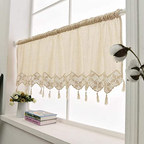 choicehot Häkeln-Spitze-Scheibengardinen-Beige Bistrogardine mit Quaste Baumwolle und Leinen Kurzgardine Landhausstil Vintage Fenstervorhang für Küche Wohnzimmer Landhaus 60 x 150cm (HxB) von ZHH