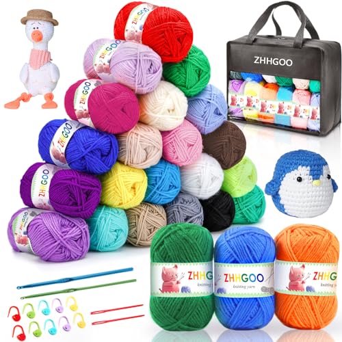 ZHHGOO Acrylwolle Set,24 Farben Wolle Set,40g Baumwollgarn,Baumwolle Wolle mit 2 Häkelnadeln, Stricken für Anfänger Set zur Herstellung von Haustierkleidung,Handtüchern,Hüten,Handschuhen von ZHHGOO