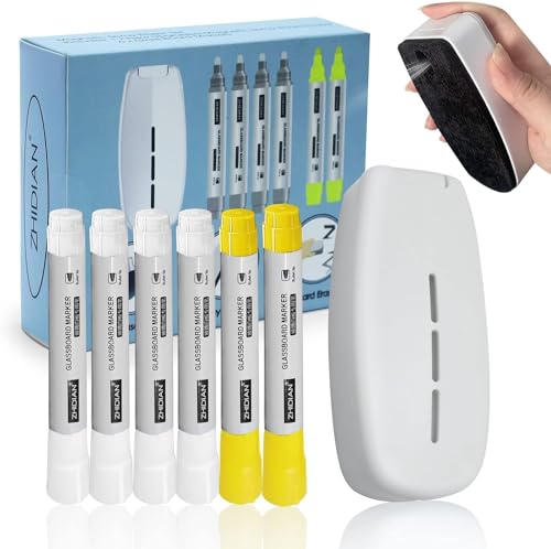 ZHIDIAN Abwischbare Stifte, Whiteboard Schwamm Magnetisch mit 6 Stück Whiteboard Marker Stifte, Glasstift Abwaschbar Chalk Marker für Whiteboard, Tafel, Memoboard, Magnettafel (Weiß) von ZHIDIAN