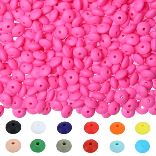 ZHIYUXI 150 Stück 12 mm Linsen-Silikonperlen für Schlüsselanhängerherstellung, Hot Pink, Silikon-Abakus-Fokal-Perlen für Stifte, DIY, Halsketten, Armbänder, Schmuck, Handwerk von ZHIYUXI