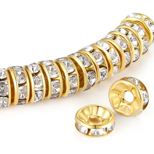 ZHIYUXI 200 Stück goldene Abstandshalter für Schmuckherstellung, 6 mm, Kristall-Strass-Rondelle, goldene Abstandshalter für Armbänder, Halsketten von ZHIYUXI