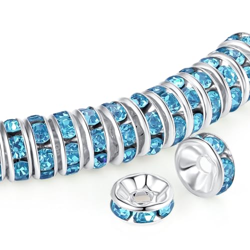 ZHIYUXI 200 Stück hellblaue Strass-Abstandshalter für Schmuckherstellung, 8 mm, Rondelle-Abstandshalter, Kristallperlen für Armbänder, Halsketten, Anhänger, Stifte von ZHIYUXI