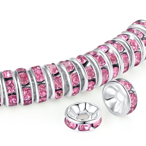 ZHIYUXI 200 Stück rosa Abstandshalter für Schmuckherstellung, 6 mm, Kristall-Strass, rosa Rondelle, Abstandshalter für Armbänder, Halsketten von ZHIYUXI