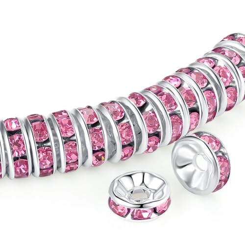 ZHIYUXI 200 Stück rosa Strass-Abstandshalter für Schmuckherstellung, 8 mm, Rondelle-Abstandshalter, Kristallperlen für Armbänder, Halsketten, Anhänger, Stifte von ZHIYUXI