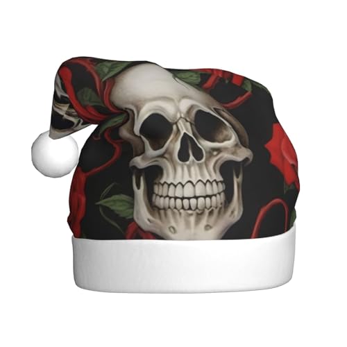 ZHONGSK Weihnachtsmütze mit Totenkopf und roter Rose für Erwachsene – weicher Plüsch, personalisierte Weihnachtsmütze, klassische Feiertagsparty-Dekoration für Weihnachten und Neujahr von ZHONGSK