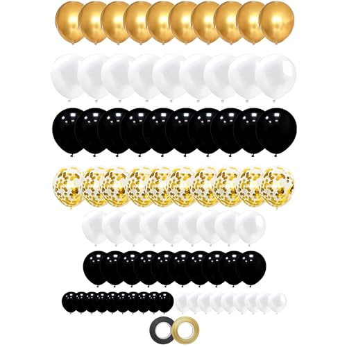 ZHOUHON 80pcs Luftballons Set, Gold Schwarz und Weiß Luftballons Metallic Latex Ballons Konfetti Ballons für Hochzeit Geburtstag Verlobung Abschluss Dusche Babyparty Party Dekoration(Schwarz) von ZHOUHON