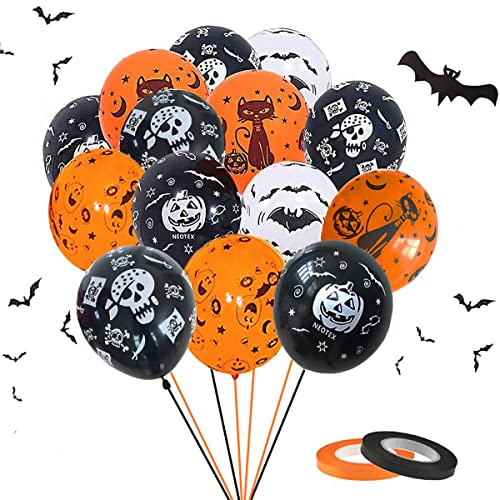 ZHOUHON Halloween Luftballons, 60 Stück 12 Zoll Halloween Ballons, Orange und Schwarze Ballons, Kürbis Geisterschädel Spinnennetz Ballons für Halloween Party Deko Kinderparty (schwarz orange weiß) von ZHOUHON