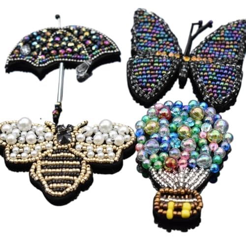 ZHOUXYFDC Bügelflicken Mit Strass 2 Stück Bienen Pailletten Strass Perlen Brosche Patches Applikation Regenschirm Bestickt Aufnäher Mode Kleidung Dekoration Patch(Color-1) von ZHOUXYFDC