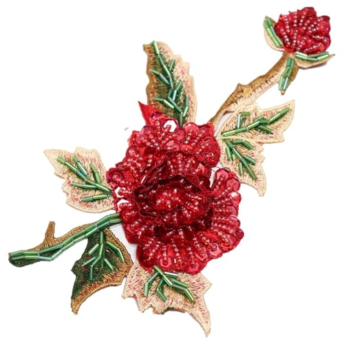 ZHOUXYFDC Bügelflicken Mit Strass Handgenagelte Perlen Großer Stickerei Blumenaufnäher for Kleidung Schuhe Und Hüte DIY Zubehör Dekorative Loch Patch Applikation(Red) von ZHOUXYFDC