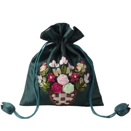 ZHOUXYFDC Seide Schmuckbeutel 14x17cm Stickerei Seide Geschenktüte Druck Blumen Geschenkbeutel Schmuck Kordelzug Beutel Hochzeit Süßigkeiten Verpackung Wiederverwendbarer Beutel(Blackish Green Flowe) von ZHOUXYFDC