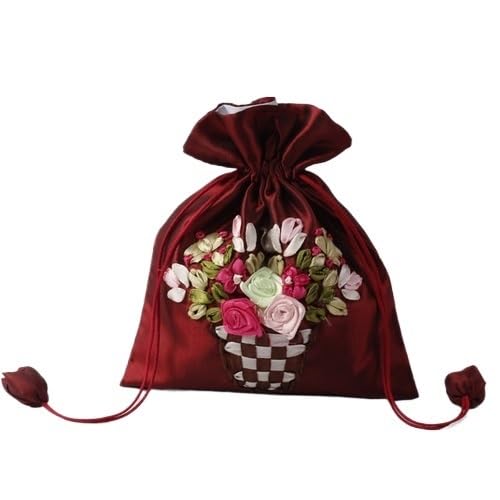 ZHOUXYFDC Seide Schmuckbeutel 14x17cm Stickerei Seide Geschenktüte Druck Blumen Geschenkbeutel Schmuck Kordelzug Beutel Hochzeit Süßigkeiten Verpackung Wiederverwendbarer Beutel(Burgundy Flower) von ZHOUXYFDC