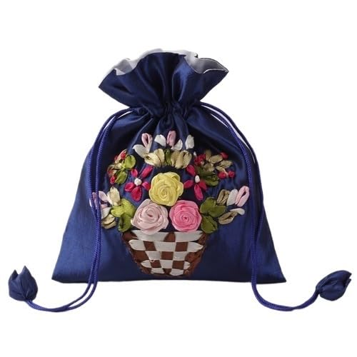 ZHOUXYFDC Seide Schmuckbeutel 14x17cm Stickerei Seide Geschenktüte Druck Blumen Geschenkbeutel Schmuck Kordelzug Beutel Hochzeit Süßigkeiten Verpackung Wiederverwendbarer Beutel(Dark Blue Flower) von ZHOUXYFDC