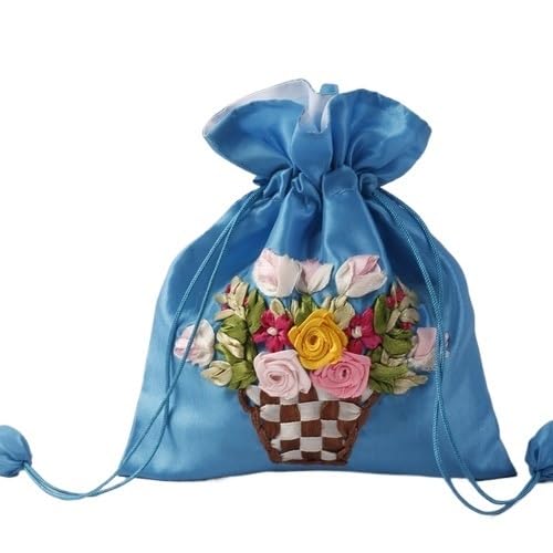 ZHOUXYFDC Seide Schmuckbeutel 14x17cm Stickerei Seide Geschenktüte Druck Blumen Geschenkbeutel Schmuck Kordelzug Beutel Hochzeit Süßigkeiten Verpackung Wiederverwendbarer Beutel(Lake Blue Flower) von ZHOUXYFDC