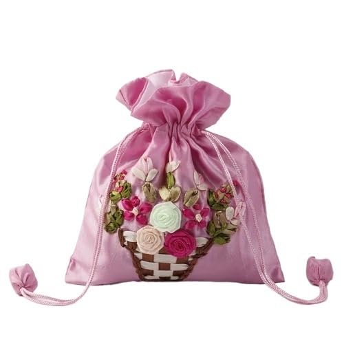 ZHOUXYFDC Seide Schmuckbeutel 14x17cm Stickerei Seide Geschenktüte Druck Blumen Geschenkbeutel Schmuck Kordelzug Beutel Hochzeit Süßigkeiten Verpackung Wiederverwendbarer Beutel(Pink Flower) von ZHOUXYFDC