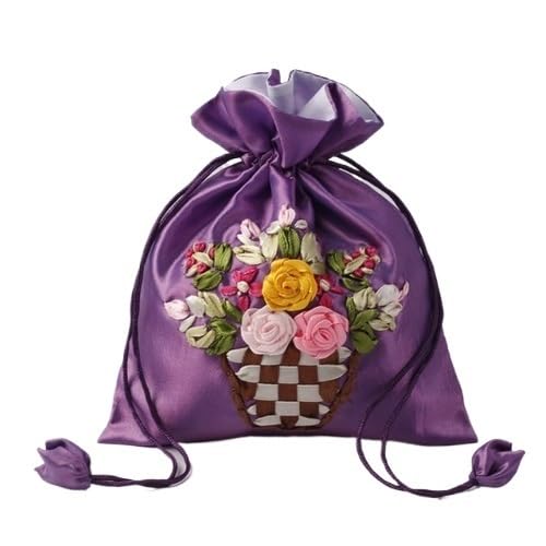 ZHOUXYFDC Seide Schmuckbeutel 14x17cm Stickerei Seide Geschenktüte Druck Blumen Geschenkbeutel Schmuck Kordelzug Beutel Hochzeit Süßigkeiten Verpackung Wiederverwendbarer Beutel(Purple Flower) von ZHOUXYFDC