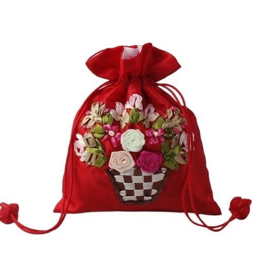 ZHOUXYFDC Seide Schmuckbeutel 14x17cm Stickerei Seide Geschenktüte Druck Blumen Geschenkbeutel Schmuck Kordelzug Beutel Hochzeit Süßigkeiten Verpackung Wiederverwendbarer Beutel(Red Flower) von ZHOUXYFDC