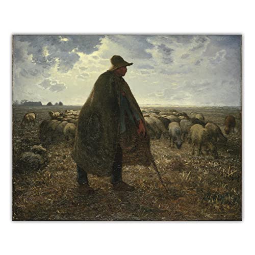 ZHPLIX Jean Francois Millet Kunstdrucke Berühmtes Ölgemälde „Hirte Tending His Flock“ Giclée-Druck auf Leinwand Leinwand Wandkunst Bilder Reproduktion 80 x 100 cm Rahmenlos von ZHPLIX