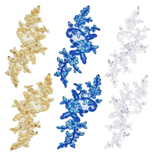 Stickapplikationen, 3 Paar Blumen in 3 Farben, Stickstoff mit Blattspitze, bestickt mit Pailletten von ZHSH