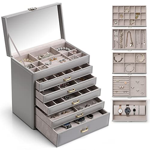 Vintage-Schmuckschatulle, personalisierte Schmuckschatulle für Damen, große 6-stöckige Schmuckbox für Damen, großer Schmuck-Organizer mit Spiegel, Schmuck-Organizer (Grau) von ZHSH