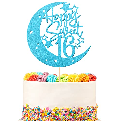 1 Stück Happy Sweet 16 Kuchendekoration Glitzer Mond Stern Happy 16th Birthday Cake Pick Cheers to 16 Years Birthday Cake Dekorationen for Happy 16th Birthday Anniversary Party Supplies Blue von ZHUOWEISM