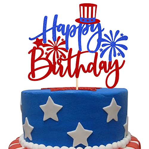 1 x Happy Birthday Kuchenaufsatz mit Glitzer Feuerwerk Unabhängigkeit Tag Kuchen Pick USA patriotische Dekorationen für 4. Juli Unabhängigkeitstag American National Thema Geburtstag Party Supplies von ZHUOWEISM