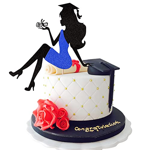 1 x High Heel Girl Graduation Cake Topper mit Glitzer Grad Kappe Diplom 2023 Abschluss Kuchen Pick 2023 Senior Abschluss Kuchen Dekorationen für 2023 Mädchen Abschluss Thema Party Supplies Blau von ZHUOWEISM