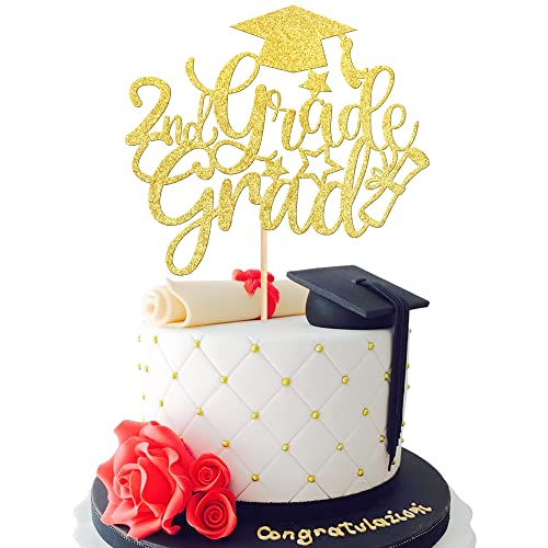 1 x Kuchenaufsatz der 2. Klasse mit Glitzer-Diplom, Klasse 2023, Congrats-Grad-Kappe, 2. Klasse Abschluss, Kuchenplektren für 2023, Kinder, Jungen, Mädchen, 2. Klasse Abschlussfeier, Party, Kuchendekorationen, Zubehör, Gold von ZHUOWEISM